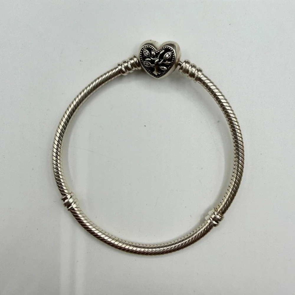 Silver Tone Snake Chain Charm Bracelet Heart Family Clasp European Style Gift